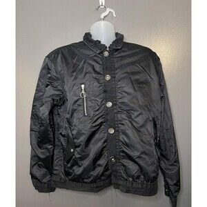 DNM Collection Jacket Mens Medium Black Nylon Bomber Frayed Trim Zip Pockets